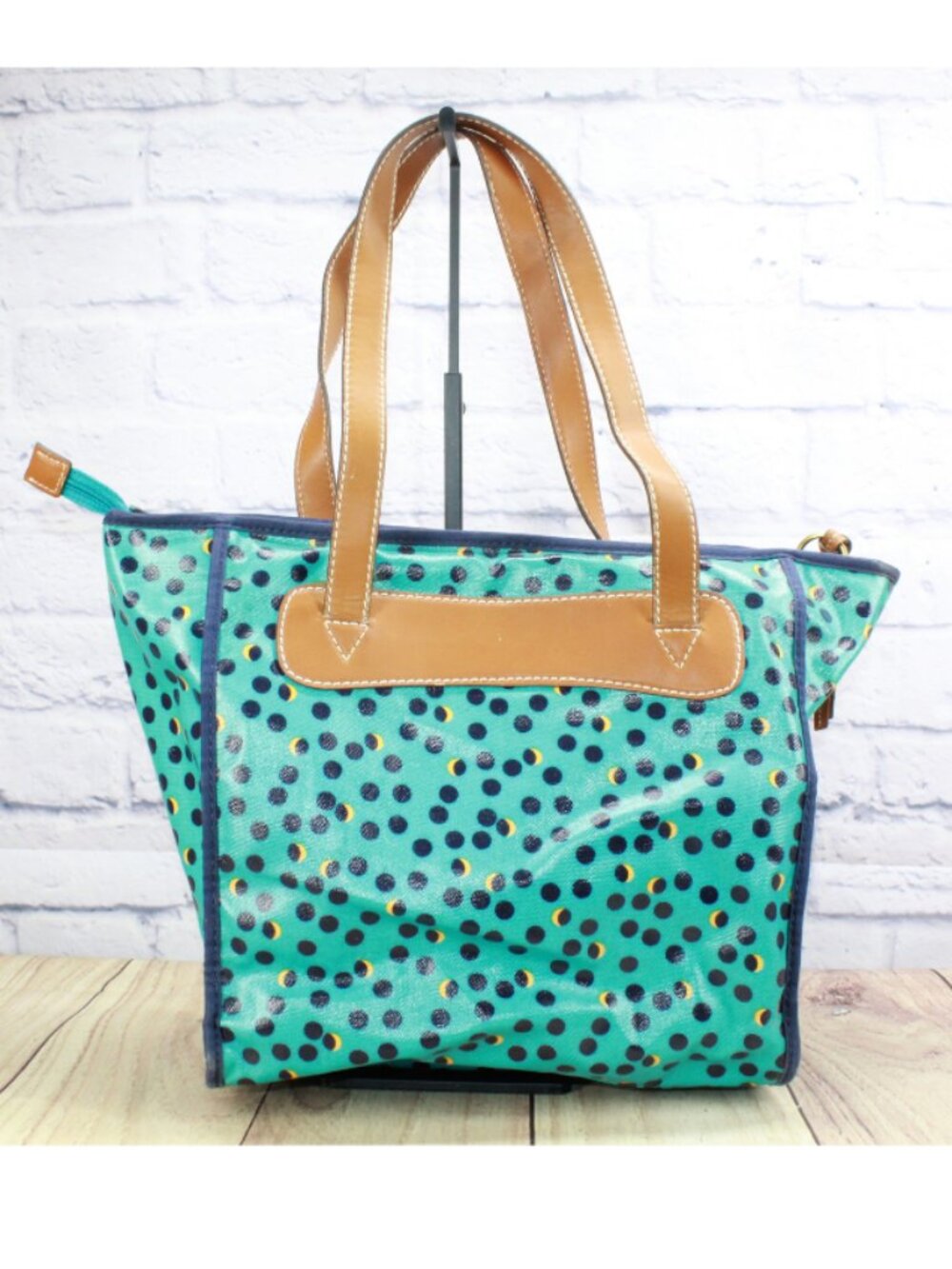 Fossil Green Polka Coated Canvas Double Leather Handles Tote Handbag 11.5x11.5